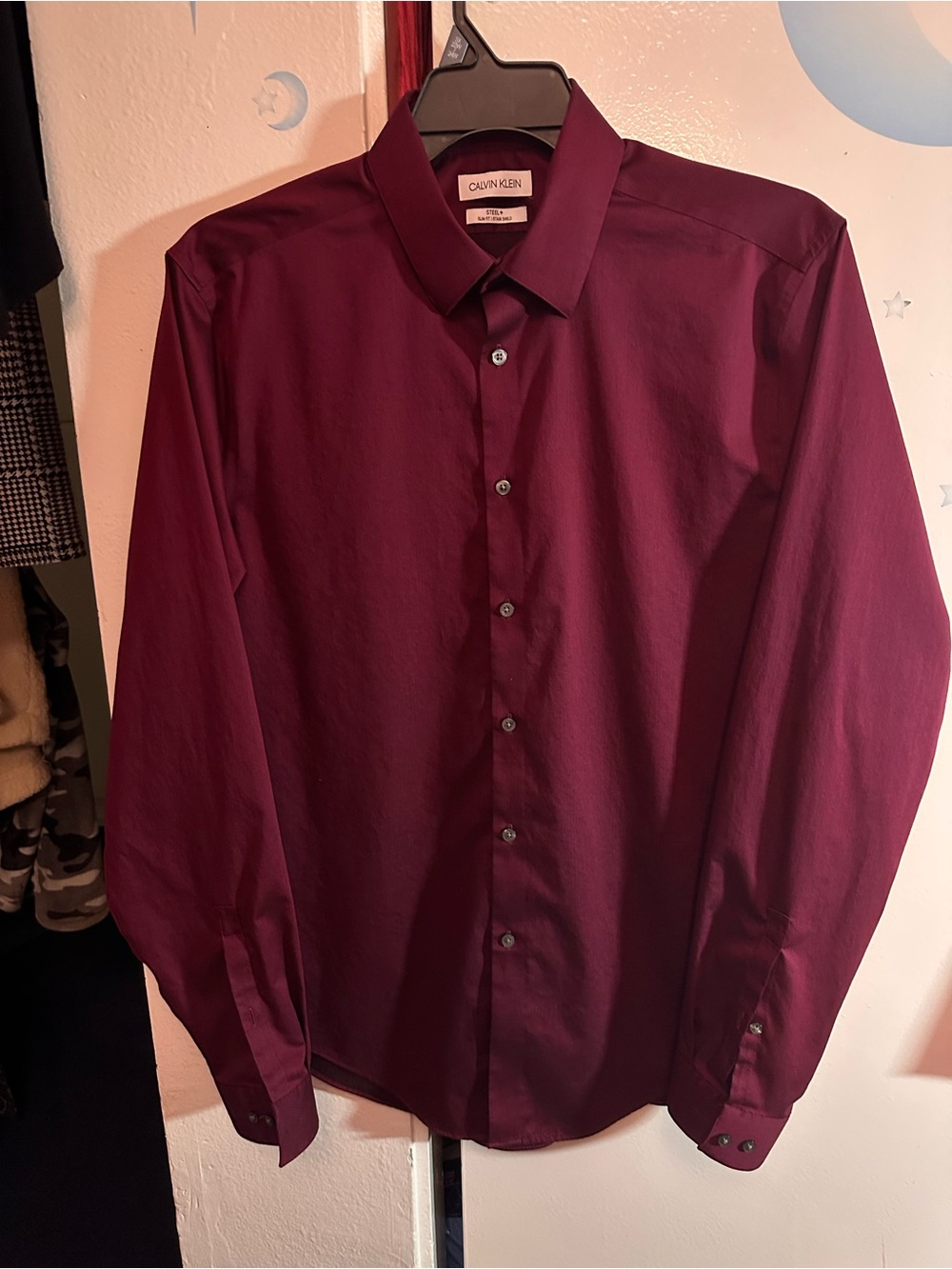 Calvin Klein Steel + Slim Fit Stain Shield Wine Colored Dress Shirt